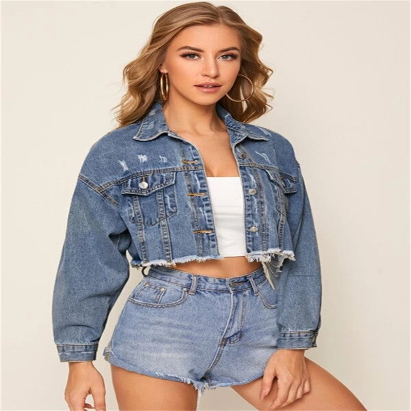 Denim Button-Up Women's Cropped Fringe Hem Jean Jacket