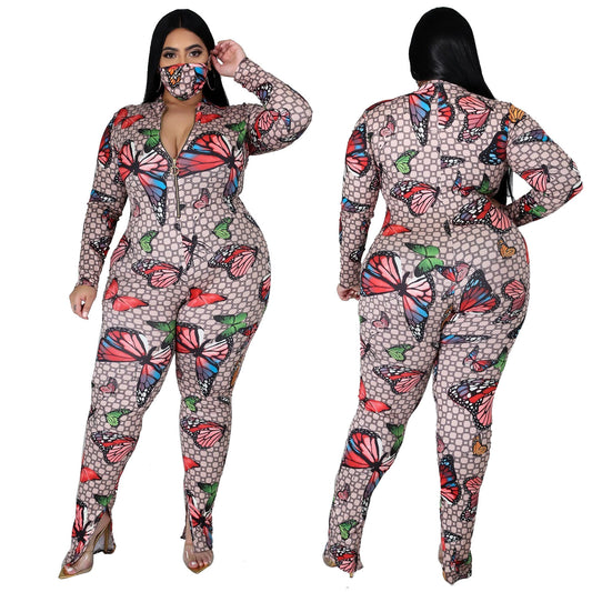 Butterfly Digital Print Long Sleeve Skin Tight Zipper Jumpsuit to 5X Plus Size