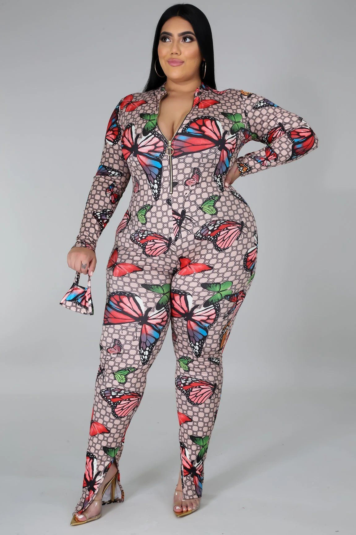Butterfly Digital Print Long Sleeve Skin Tight Zipper Jumpsuit to 5X Plus Size