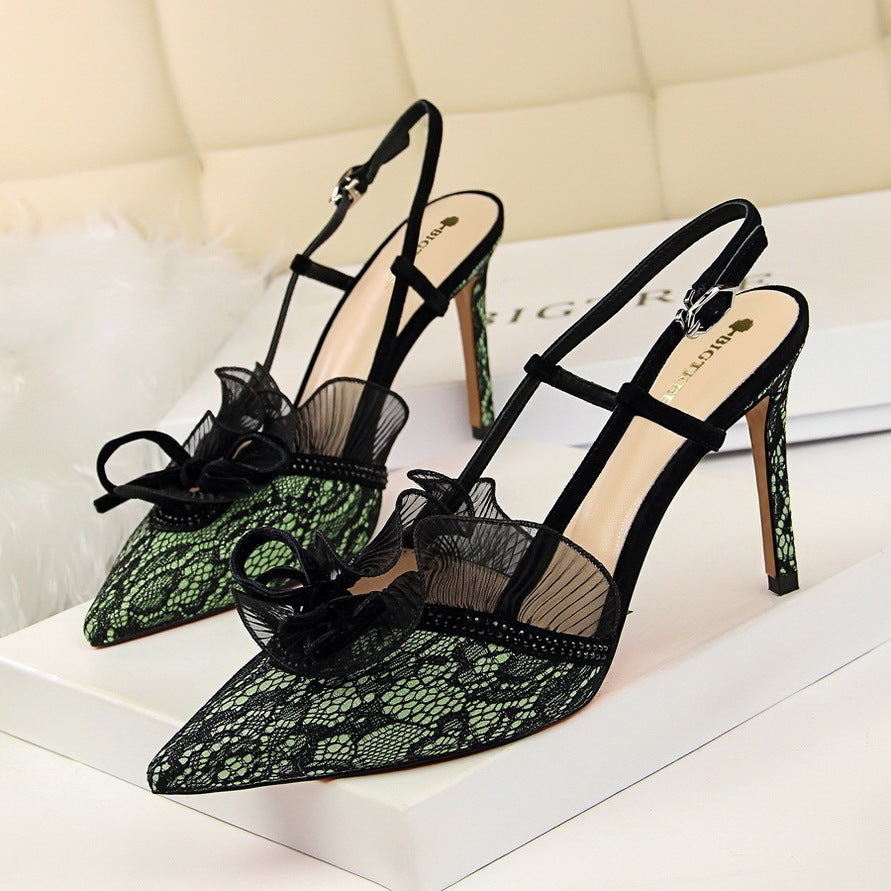 Lace Mesh Design Shallow Mouth Women's Pointed Toe Cut-Out Strap Mule Slingback Stiletto Heel Pumps
