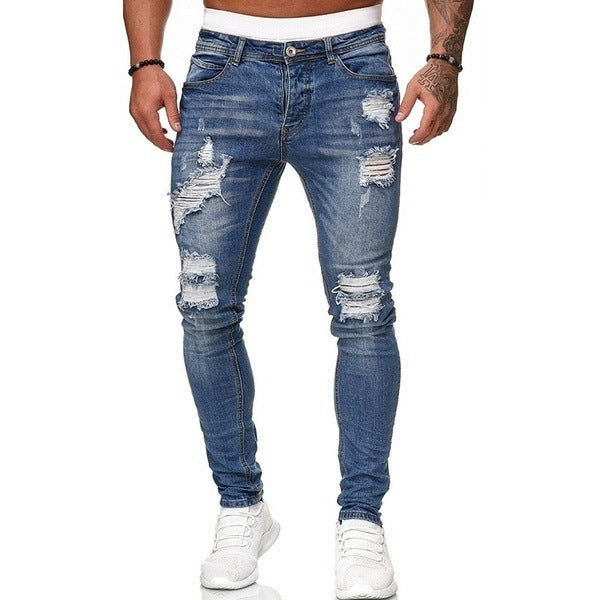 Men's Denim Streetwear Ripped Skinny Vintage Washed Solid Color Skinny Trouser Jeans