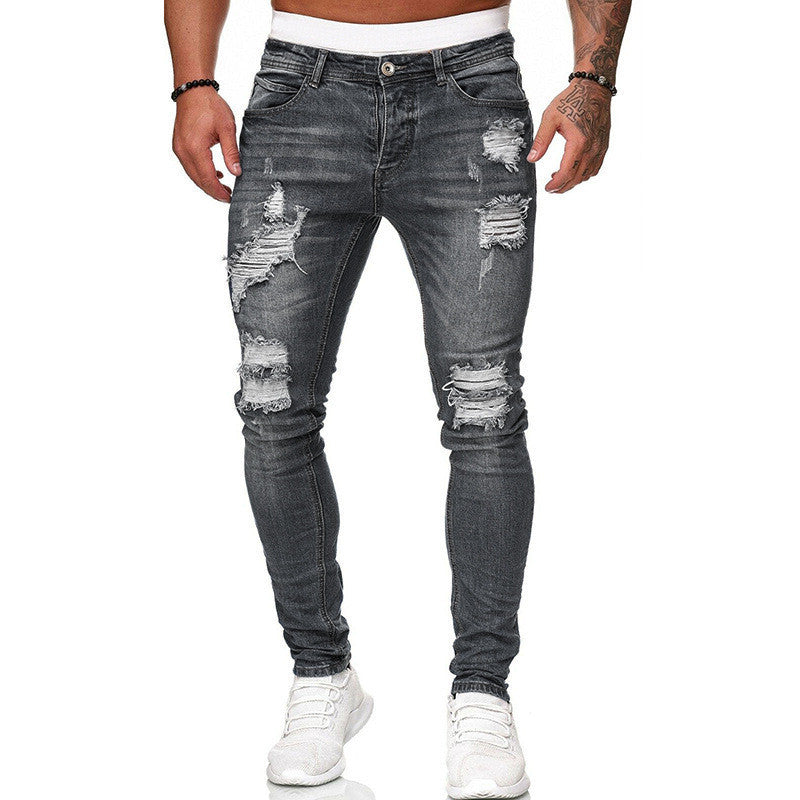 Men's Denim Streetwear Ripped Skinny Vintage Washed Solid Color Skinny Trouser Jeans