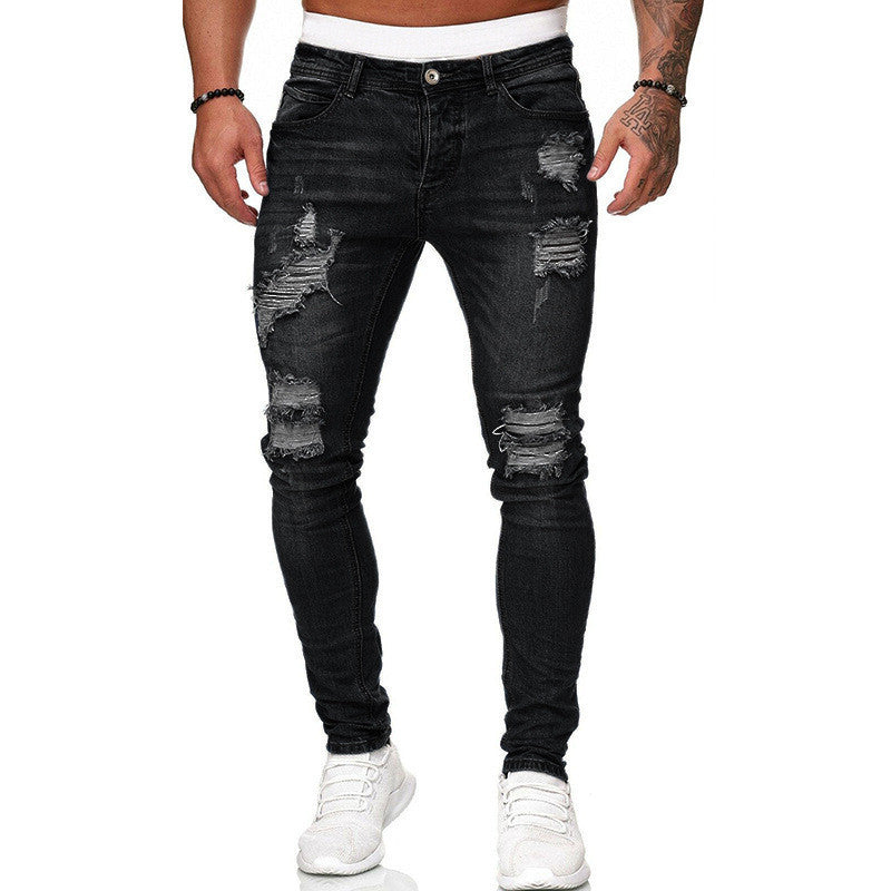 Men's Denim Streetwear Ripped Skinny Vintage Washed Solid Color Skinny Trouser Jeans