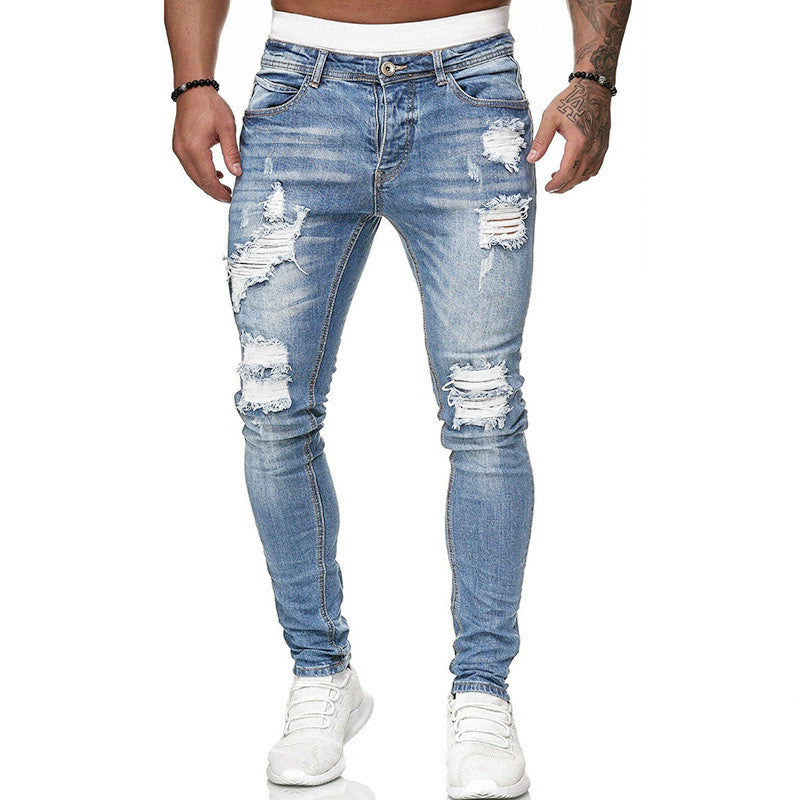 Men's Denim Streetwear Ripped Skinny Vintage Washed Solid Color Skinny Trouser Jeans