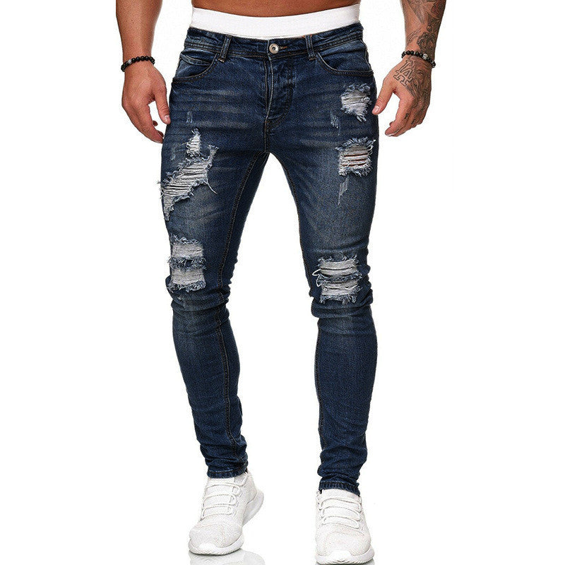 Men's Denim Streetwear Ripped Skinny Vintage Washed Solid Color Skinny Trouser Jeans
