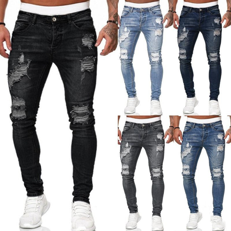 Men's Denim Streetwear Ripped Skinny Vintage Washed Solid Color Skinny Trouser Jeans