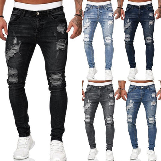 Men's Denim Streetwear Ripped Skinny Vintage Washed Solid Color Skinny Trouser Jeans