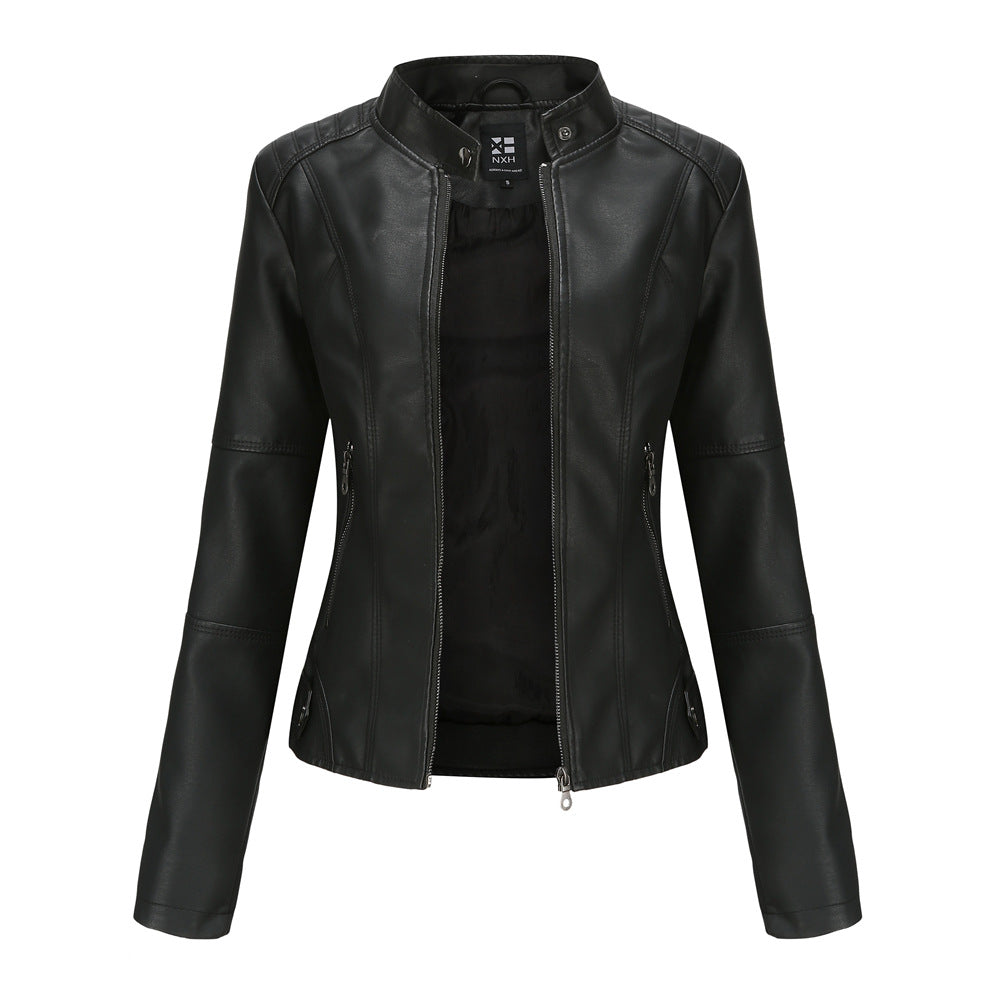 PU Leather Solid Color Stand Collar Women's Zipper Biker Jacket