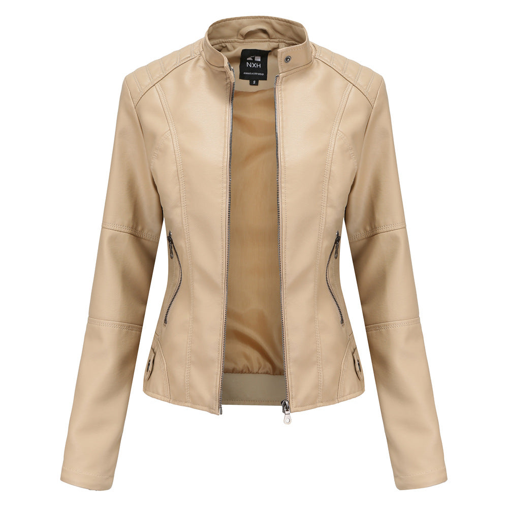 PU Leather Solid Color Stand Collar Women's Zipper Biker Jacket