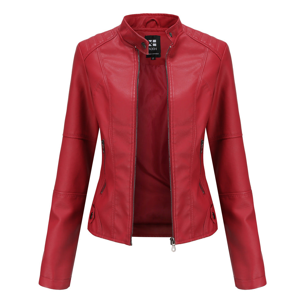 PU Leather Solid Color Stand Collar Women's Zipper Biker Jacket