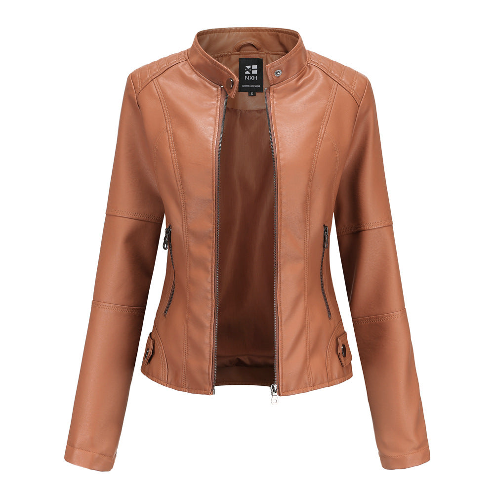 PU Leather Solid Color Stand Collar Women's Zipper Biker Jacket