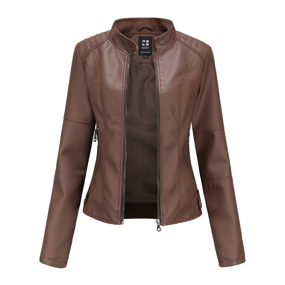 PU Leather Solid Color Stand Collar Women's Zipper Biker Jacket