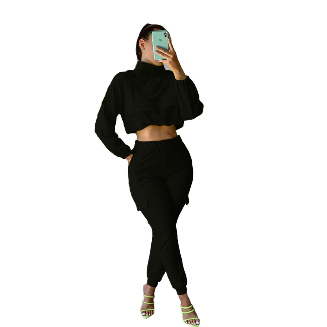 Solid Color Long Sleeve Women's Zipper Cropped Sports Jacket + Elastic Waist Leggings 2-Piece Tracksuit