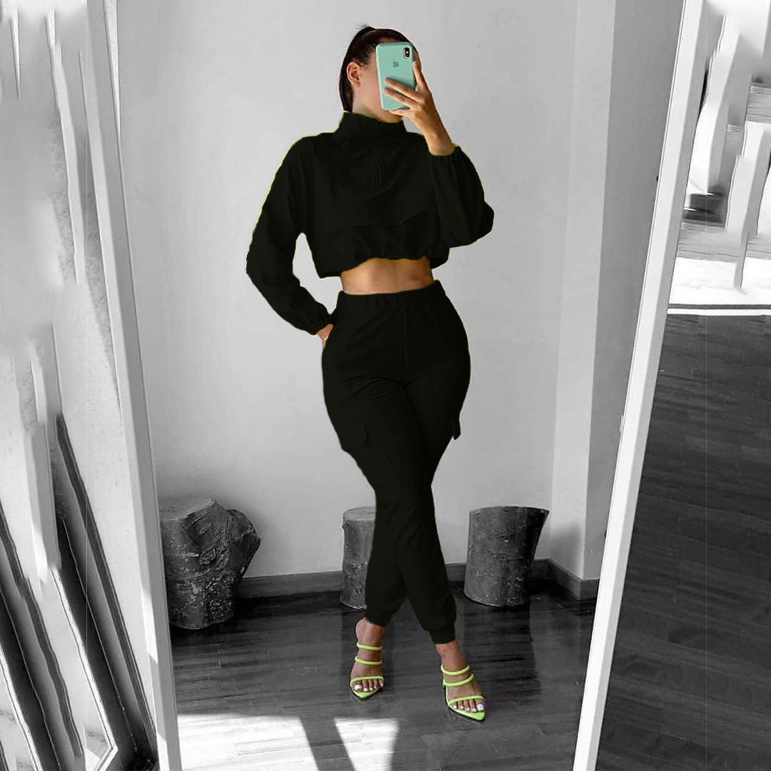 Solid Color Long Sleeve Women's Zipper Cropped Sports Jacket + Elastic Waist Leggings 2-Piece Tracksuit