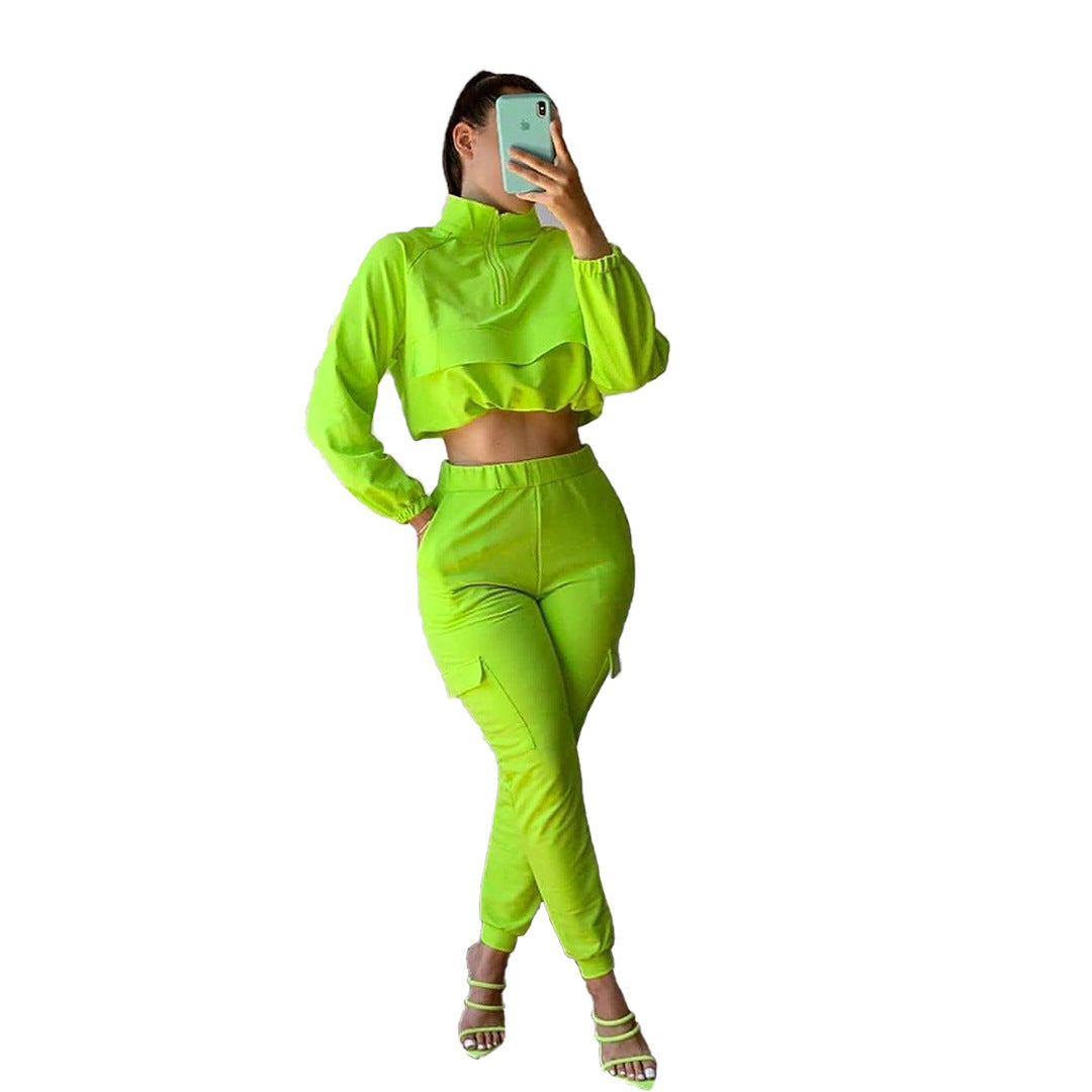 Solid Color Long Sleeve Women's Zipper Cropped Sports Jacket + Elastic Waist Leggings 2-Piece Tracksuit
