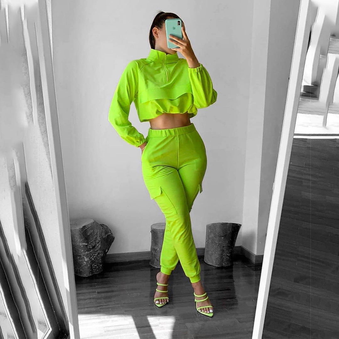 Solid Color Long Sleeve Women's Zipper Cropped Sports Jacket + Elastic Waist Leggings 2-Piece Tracksuit