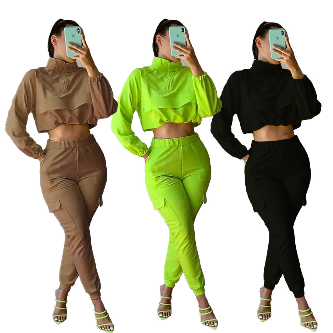 Solid Color Long Sleeve Women's Zipper Cropped Sports Jacket + Elastic Waist Leggings 2-Piece Tracksuit
