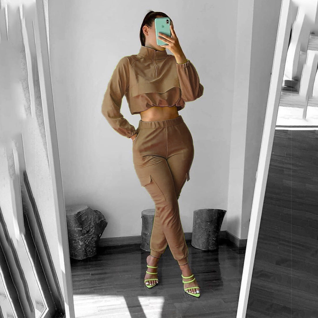 Solid Color Long Sleeve Women's Zipper Cropped Sports Jacket + Elastic Waist Leggings 2-Piece Tracksuit