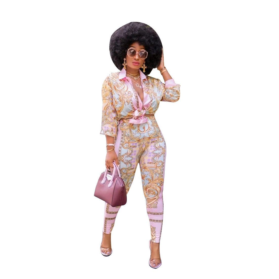 Soft Pink Baroque Print Turn-Down Long Sleeve Maxi Blouse + Leggings 2-Piece Set