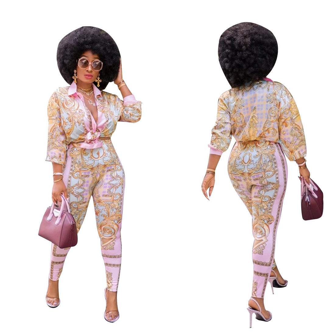 Soft Pink Baroque Print Turn-Down Long Sleeve Maxi Blouse + Leggings 2-Piece Set