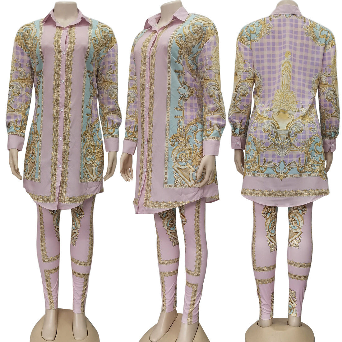 Soft Pink Baroque Print Turn-Down Long Sleeve Maxi Blouse + Leggings 2-Piece Set