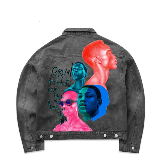 Men's Gradient Faded Denim Painted Black Man Avatar Graffiti Print Jean Jacket