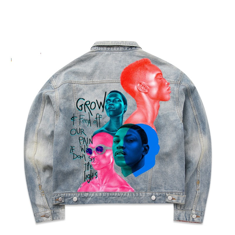 Men's Gradient Faded Denim Painted Black Man Avatar Graffiti Print Jean Jacket