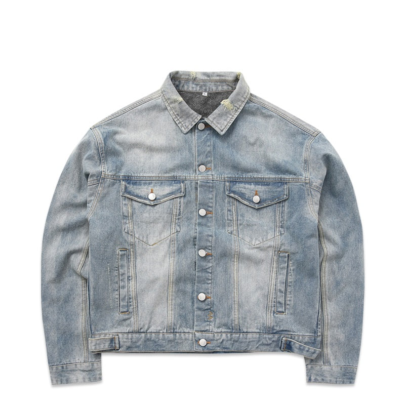 Men's Gradient Faded Denim Painted Black Man Avatar Graffiti Print Jean Jacket
