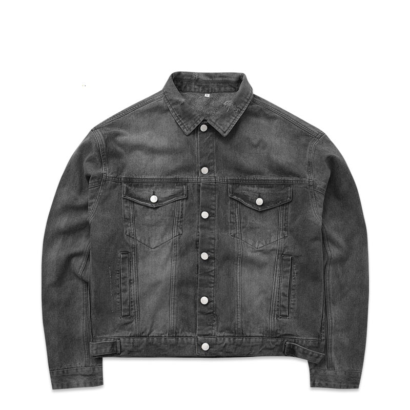 Men's Gradient Faded Denim Painted Black Man Avatar Graffiti Print Jean Jacket