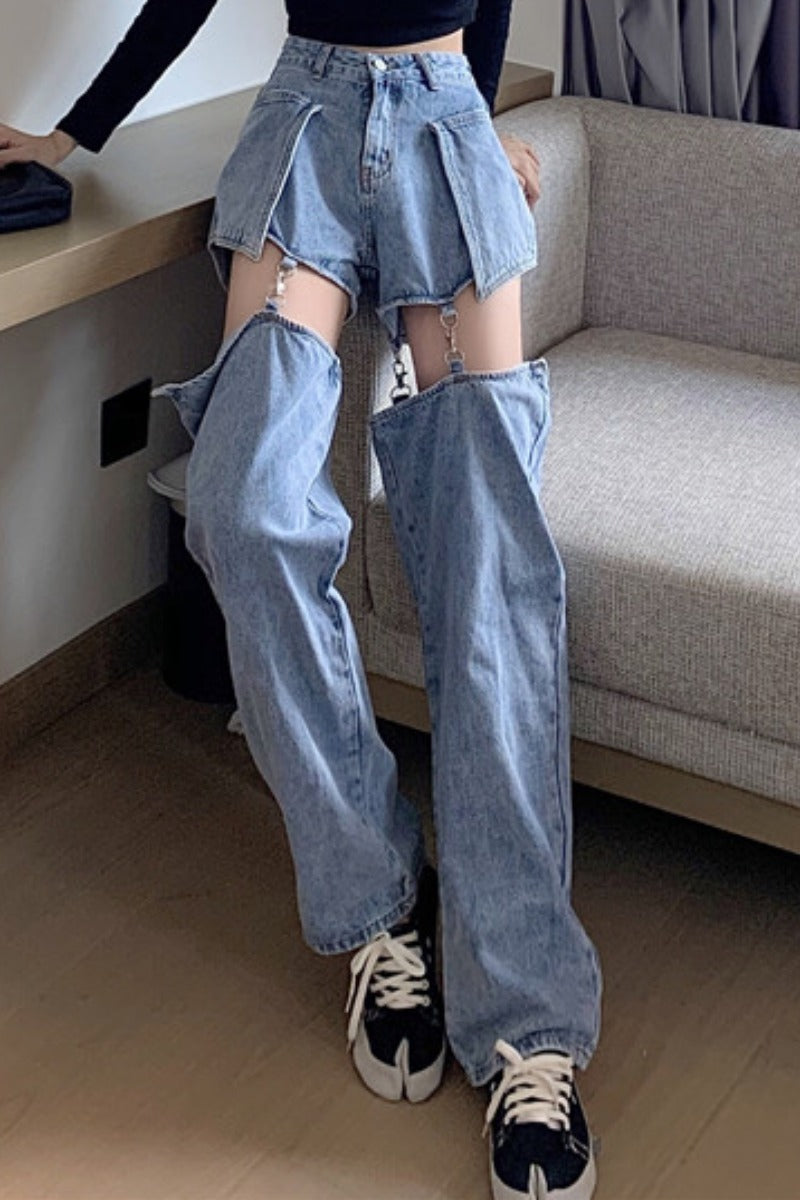 Denim Irregular Light Blue Faded Hollow-Out Detachable Shorts Design Women's Streetwear Jeans