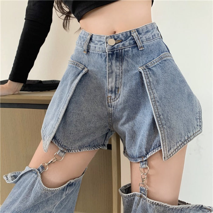 Denim Irregular Light Blue Faded Hollow-Out Detachable Shorts Design Women's Streetwear Jeans
