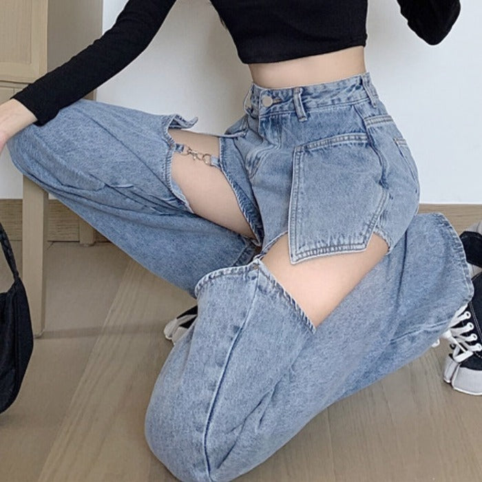Denim Irregular Light Blue Faded Hollow-Out Detachable Shorts Design Women's Streetwear Jeans