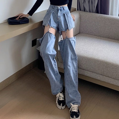 Denim Irregular Light Blue Faded Hollow-Out Detachable Shorts Design Women's Streetwear Jeans