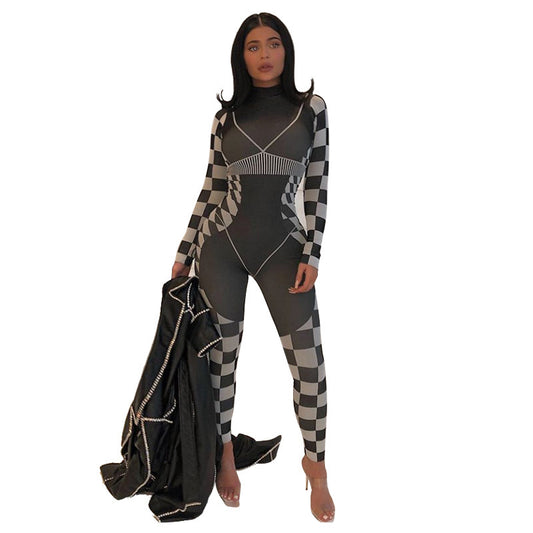 Plaid Checker Print Women's Long Sleeve Skin Tight Jumpsuit