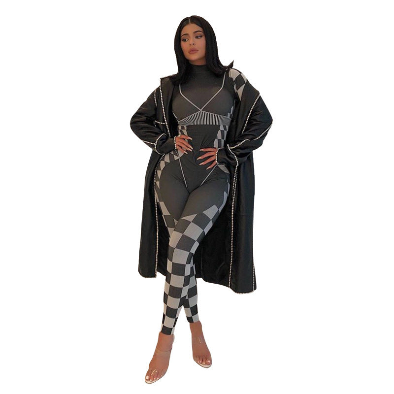 Plaid Checker Print Women's Long Sleeve Skin Tight Jumpsuit