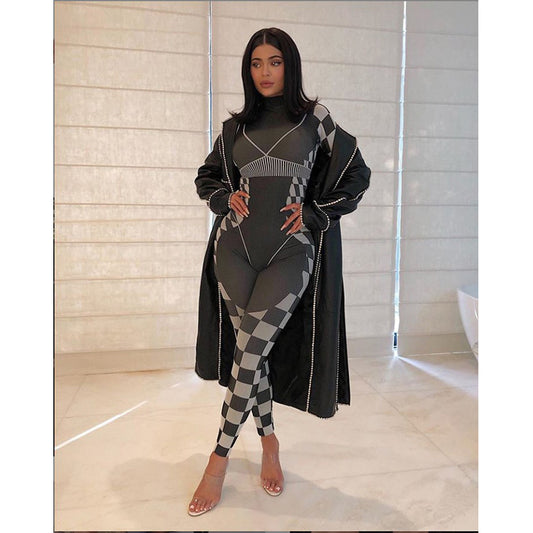 Plaid Checker Print Women's Long Sleeve Skin Tight Jumpsuit