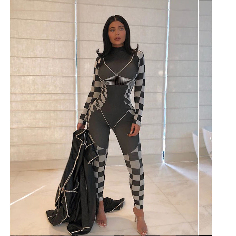 Plaid Checker Print Women's Long Sleeve Skin Tight Jumpsuit
