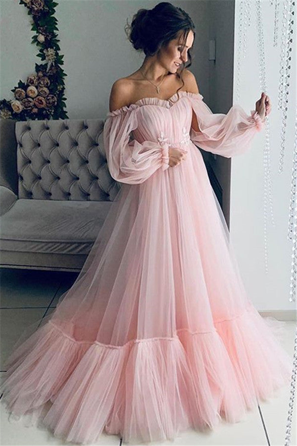 Victorian Oversized Off-the-Shoulder Mesh Sheer Solid Color Long Sleeve Maxi Formal Floor-Length Dress