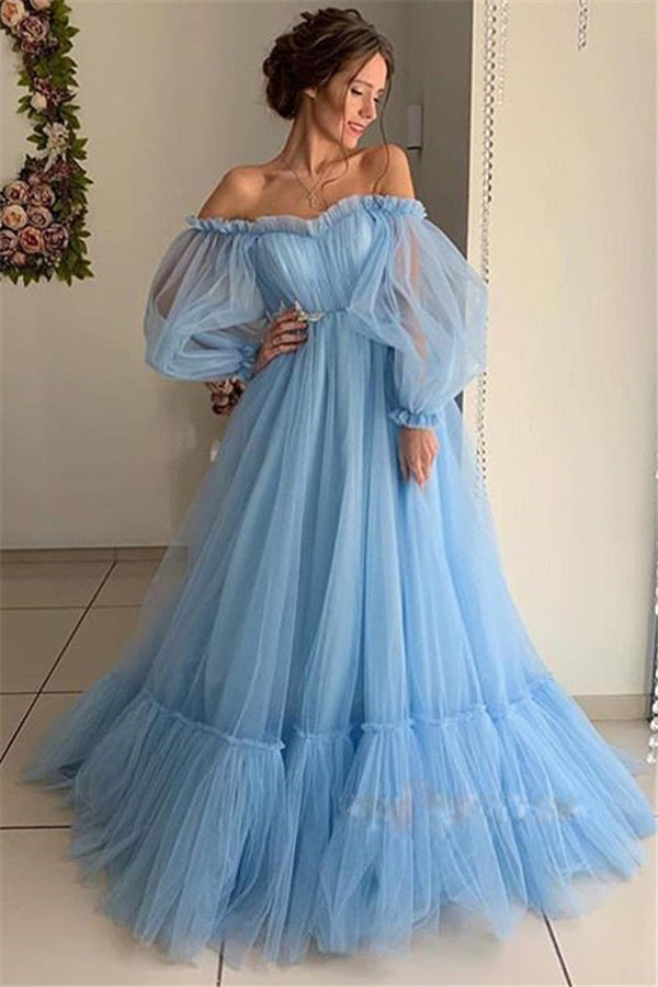 Victorian Oversized Off-the-Shoulder Mesh Sheer Solid Color Long Sleeve Maxi Formal Floor-Length Dress