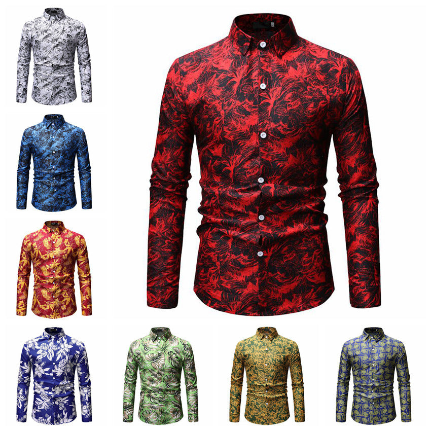 Men's Paisley Floral Print Long Sleeve Turn-Down Collar Business Dress Shirts