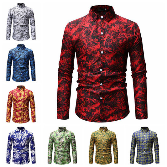 Men's Paisley Floral Print Long Sleeve Turn-Down Collar Business Dress Shirts