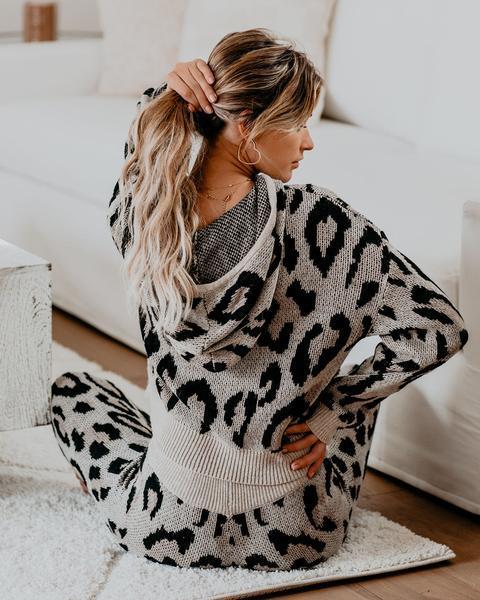 Knitted Leopard Print Drawstring Long Sleeve Hoodie Sweater + Matching Pants Women's 2-Piece Set