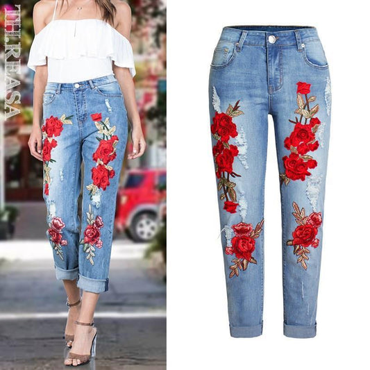 Red Rose Flower Print Women's Faded Blue Jeans to 3X Plus Size
