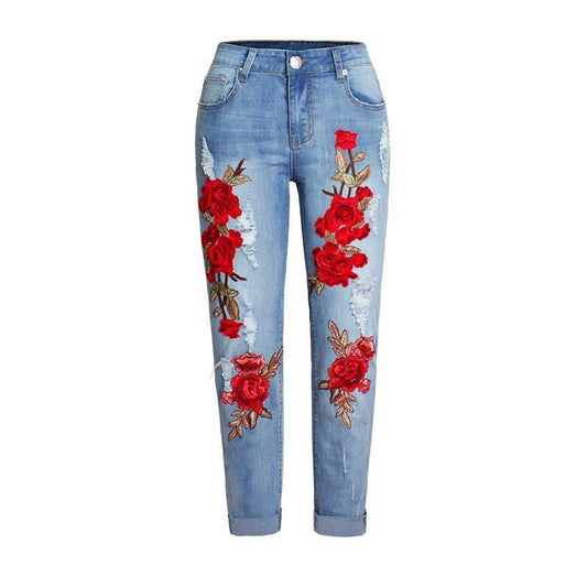 Red Rose Flower Print Women's Faded Blue Jeans to 3X Plus Size
