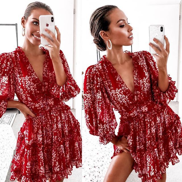Bohemian Floral Print Ruffled Deep V-Neck Long Puff Sleeve Mini Dress