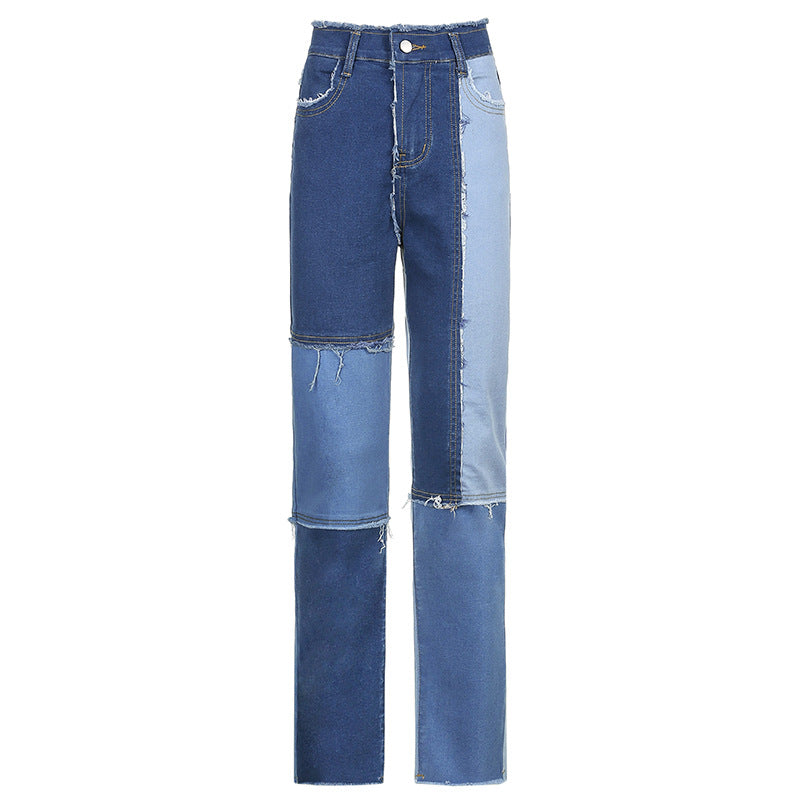 Blue Raw Edge Fringe Colorblock Women's Straight Leg Jeans
