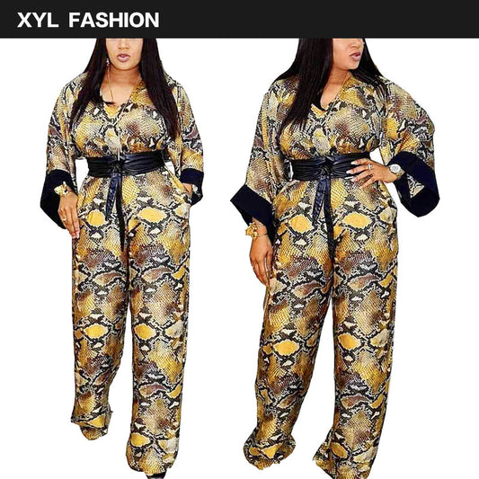 Black/Yellow Snakeskin Print O-Neck Sash Belted Women's Jumpsuit