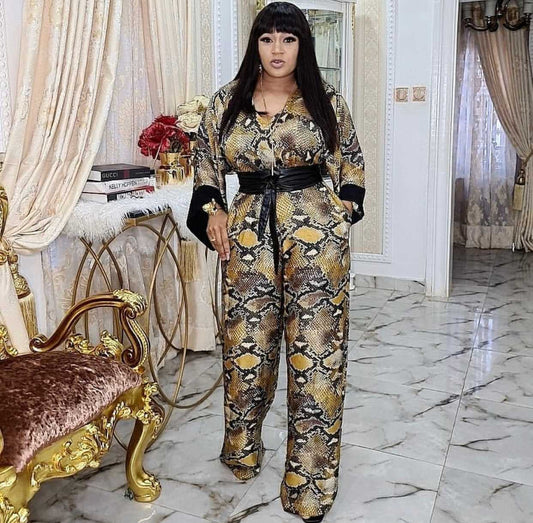 Black/Yellow Snakeskin Print O-Neck Sash Belted Women's Jumpsuit