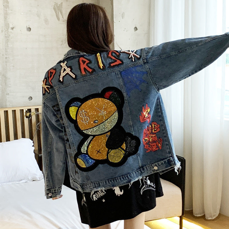 Denim Hot Drill Rhinestone "PARIS" Hip-Hop Teddy Bear Design Women's Jean Jacket