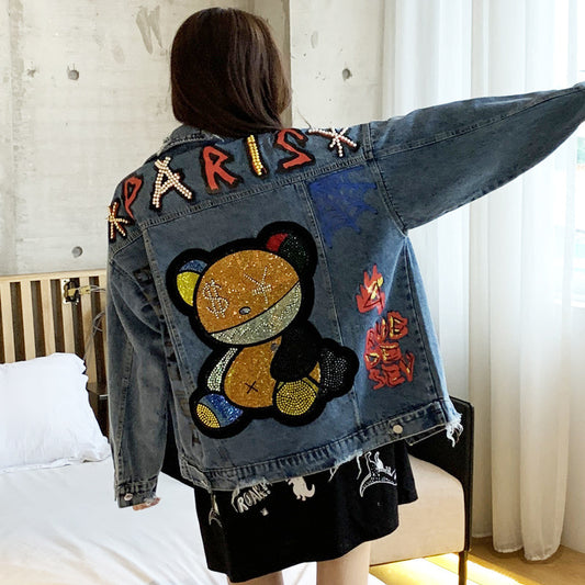 Denim Hot Drill Rhinestone "PARIS" Hip-Hop Teddy Bear Design Women's Jean Jacket